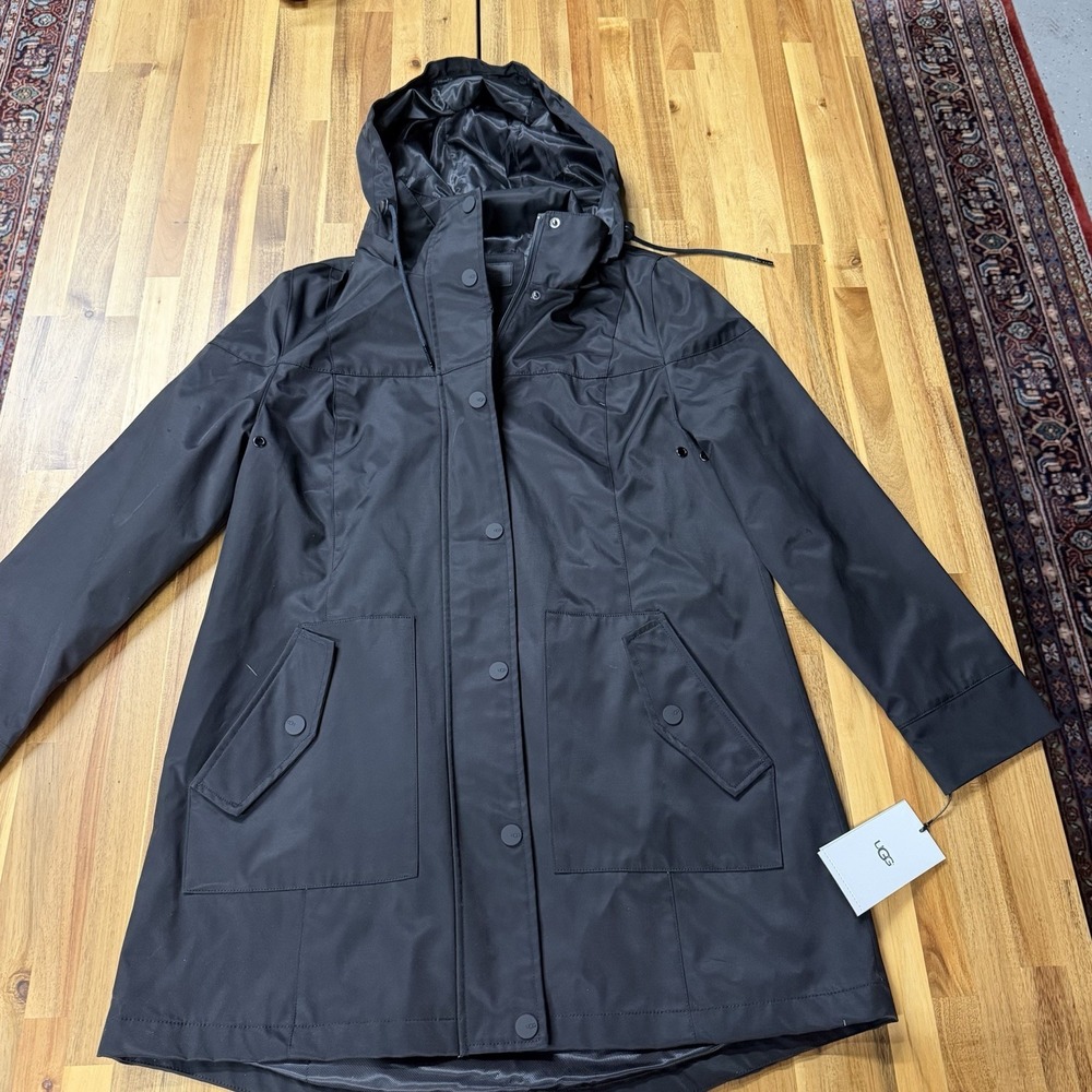 NWT UGG Womens L Trench Rain Jacket Black Waterproof Hooded 1019954 MSRP $275